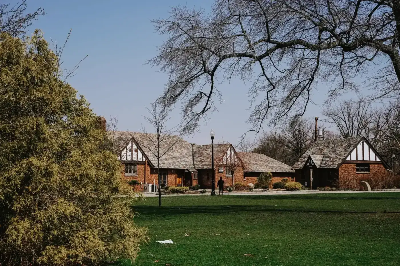 A Tudor-style detached house surrounded by mature trees